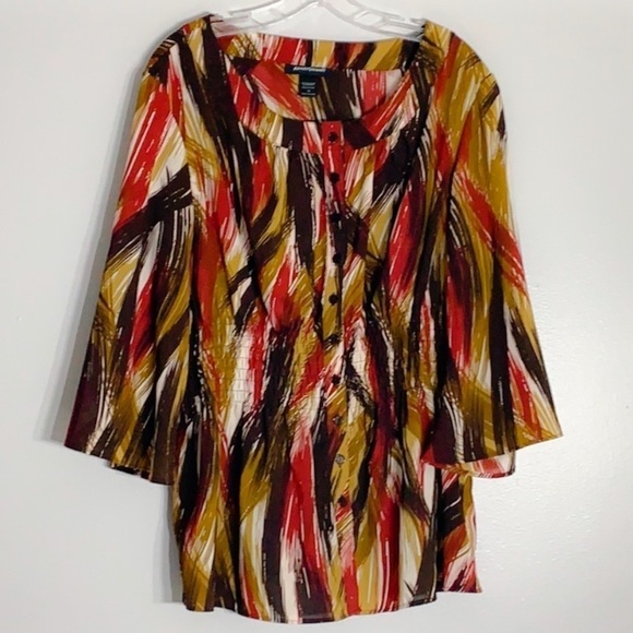 Ashley Stewart Elastic Waist Peplum Bell Sleeve abstract autumn blouse 18 - Picture 1 of 8